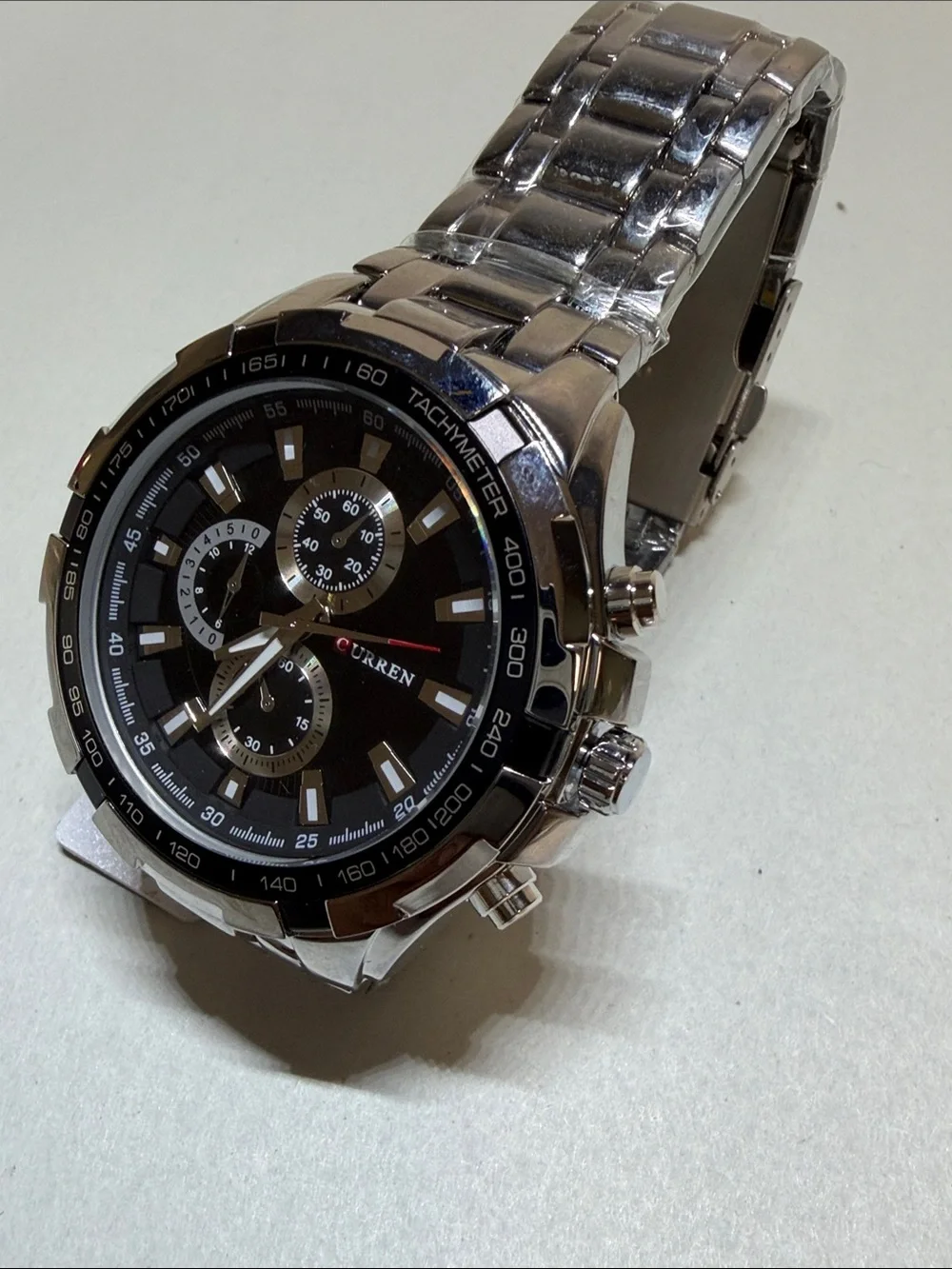 Men's Silver Stainless Steel Chronograph Watch with Black Dial